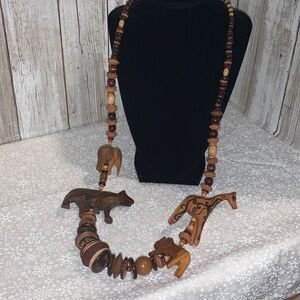 Vintage Wood Hand Carved Tribal Safari Animal Bead Long Necklace 34”